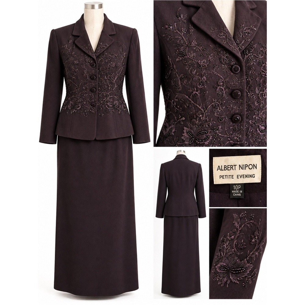 Albert Nipon Petite Evening 2 Piece Plum Embroidered Skirt Suit 10P Formal